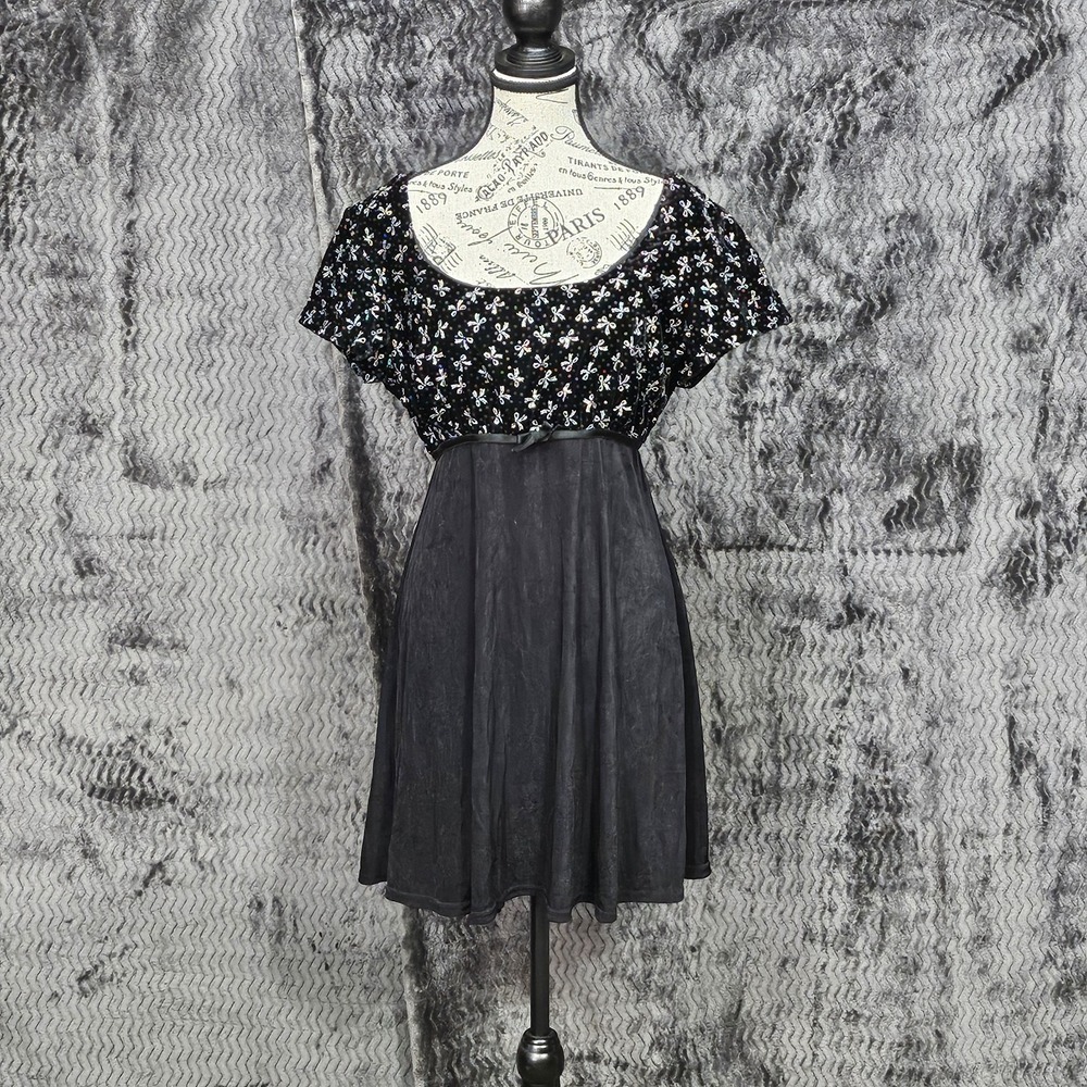 Vtg La Belle Mini Dress Juniors‎ 11 Black Bows Y2K 90s Velvet Glitter Glitzy